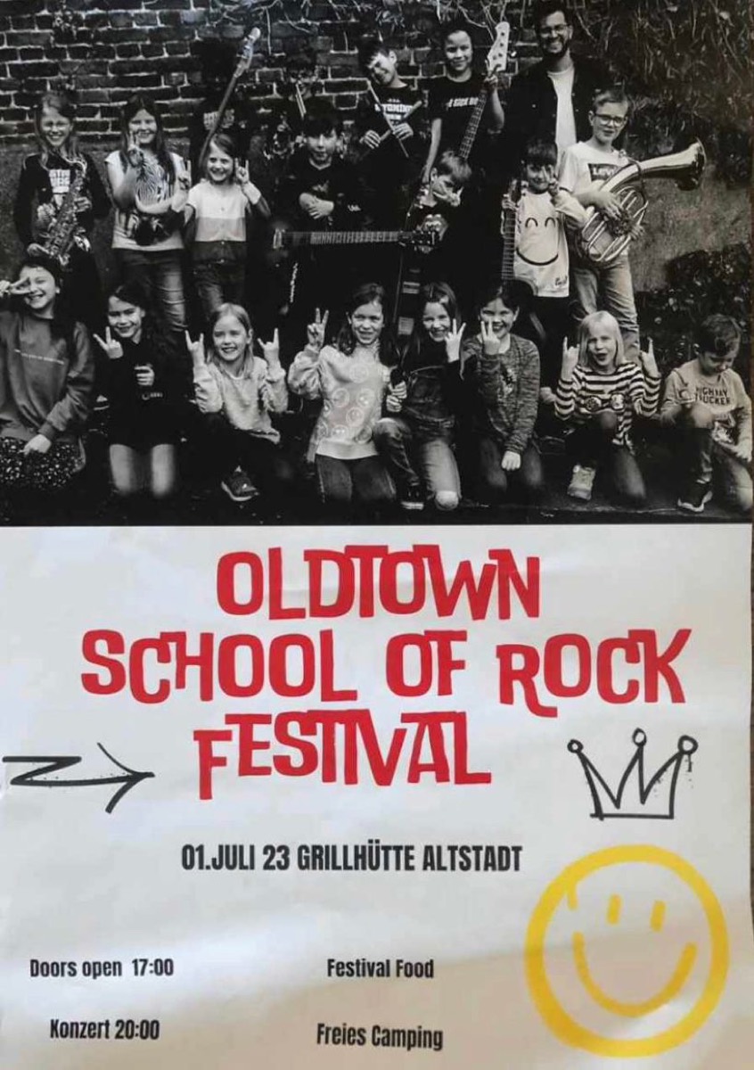 Plakat des ersten Oldtown School of Rock Festivals am 1. Juli 2023 an der Grillhütte Altstadt
