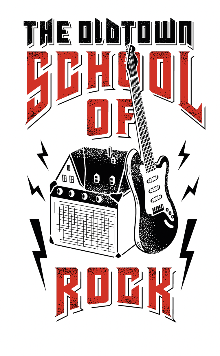 Logo: The Oldtown School of Rock, E-Gitarre lehnt an einem Verstärker mit Schulhaus-Dach